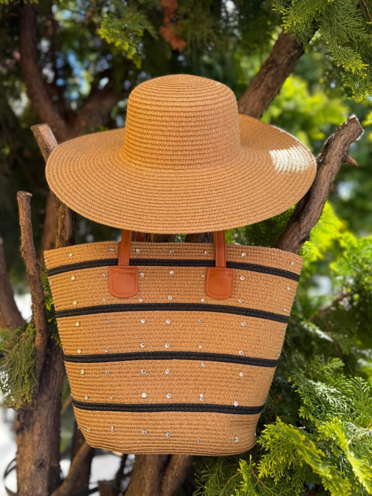 Striped Black Straw Bag With Stones On Top - Camel