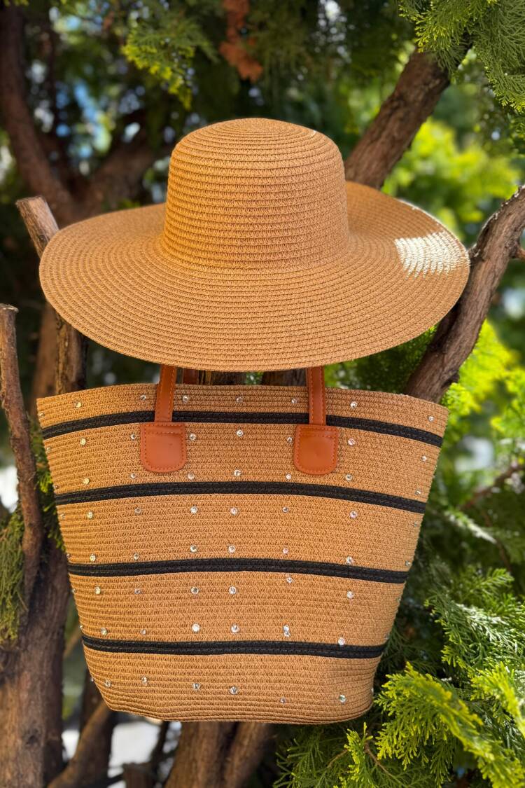 Striped Black Straw Bag With Stones On Top - Camel