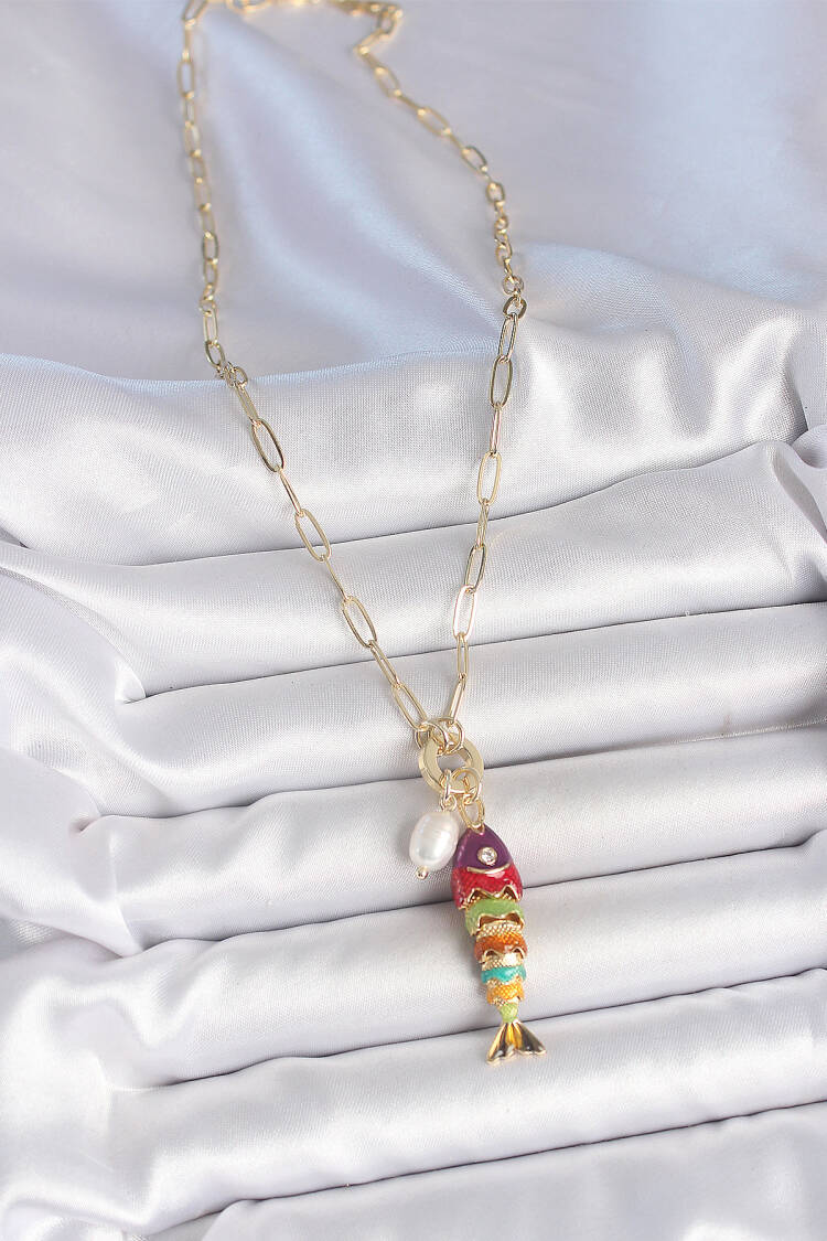 Rainbow Fish Figured Gold Color Brass Necklace With Pearl Detailed Zircon Stone
