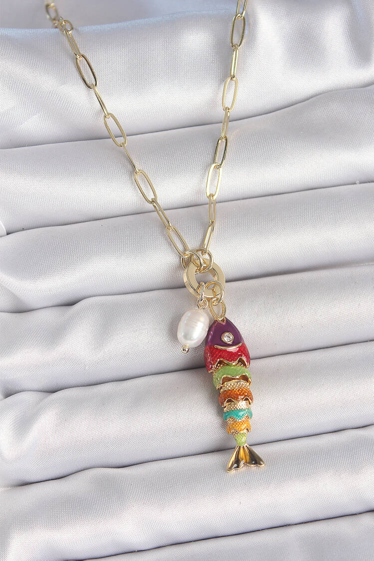 Rainbow Fish Figured Gold Color Brass Necklace With Pearl Detailed Zircon Stone - Brand: Ebijuteri - Women's Clothing Wholesale - Globality Store