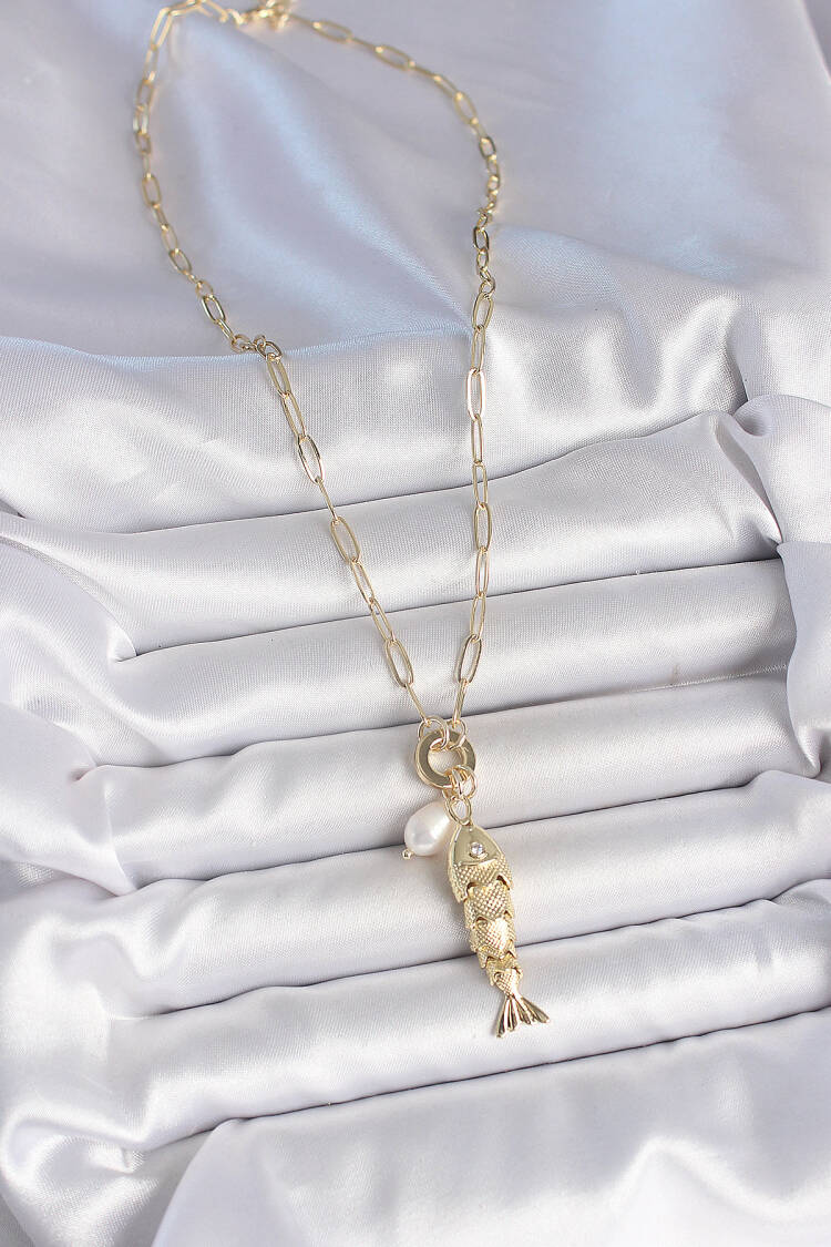 Pearl Detailed Zircon Stone Fish Figured Gold Color Brass Necklace