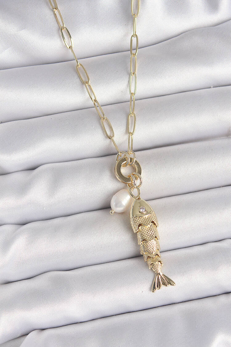 Pearl Detailed Zircon Stone Fish Figured Gold Color Brass Necklace - Brand: Ebijuteri - Women's Clothing Wholesale - Globality Store