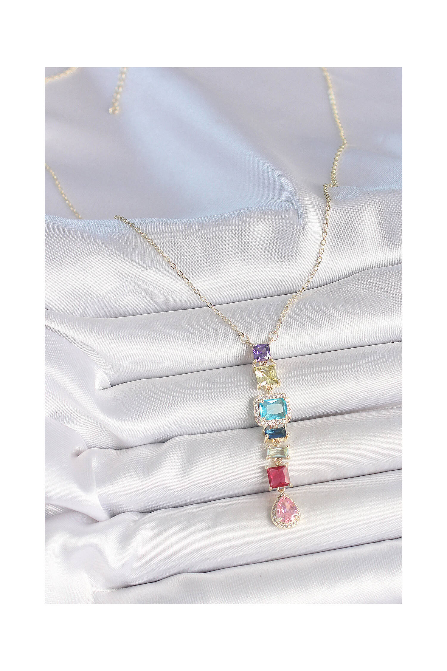 Gold Mixed Color Zircon Stone Y Brass Necklace - Brand: Ebijuteri - Women's Clothing Wholesale - Globality Store