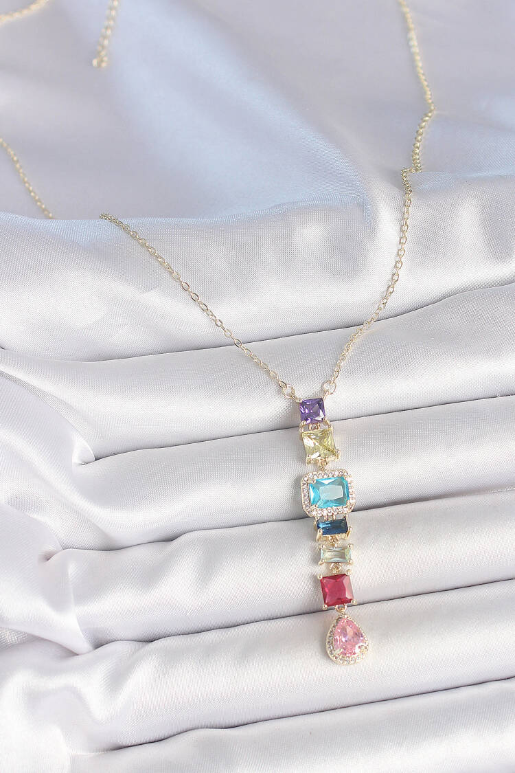 Gold Mixed Color Zircon Stone Y Brass Necklace