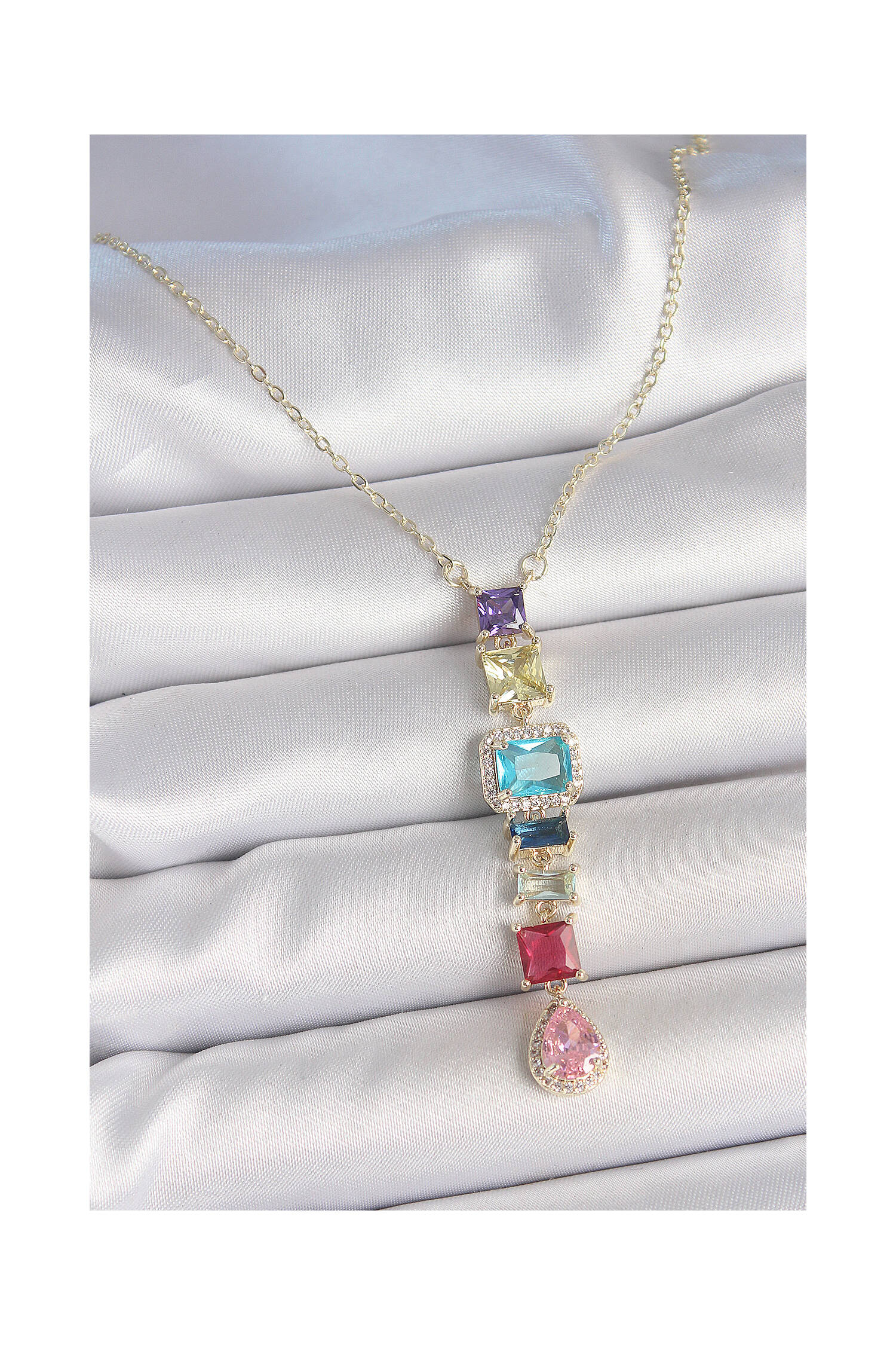 Gold Mixed Color Zircon Stone Y Brass Necklace - Brand: Ebijuteri - Women's Clothing Wholesale - Globality Store