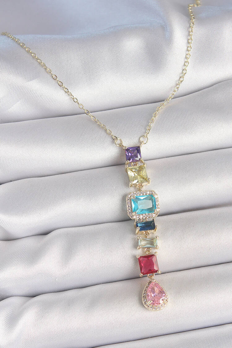 Gold Mixed Color Zircon Stone Y Brass Necklace - Brand: Ebijuteri - Women's Clothing Wholesale - Globality Store