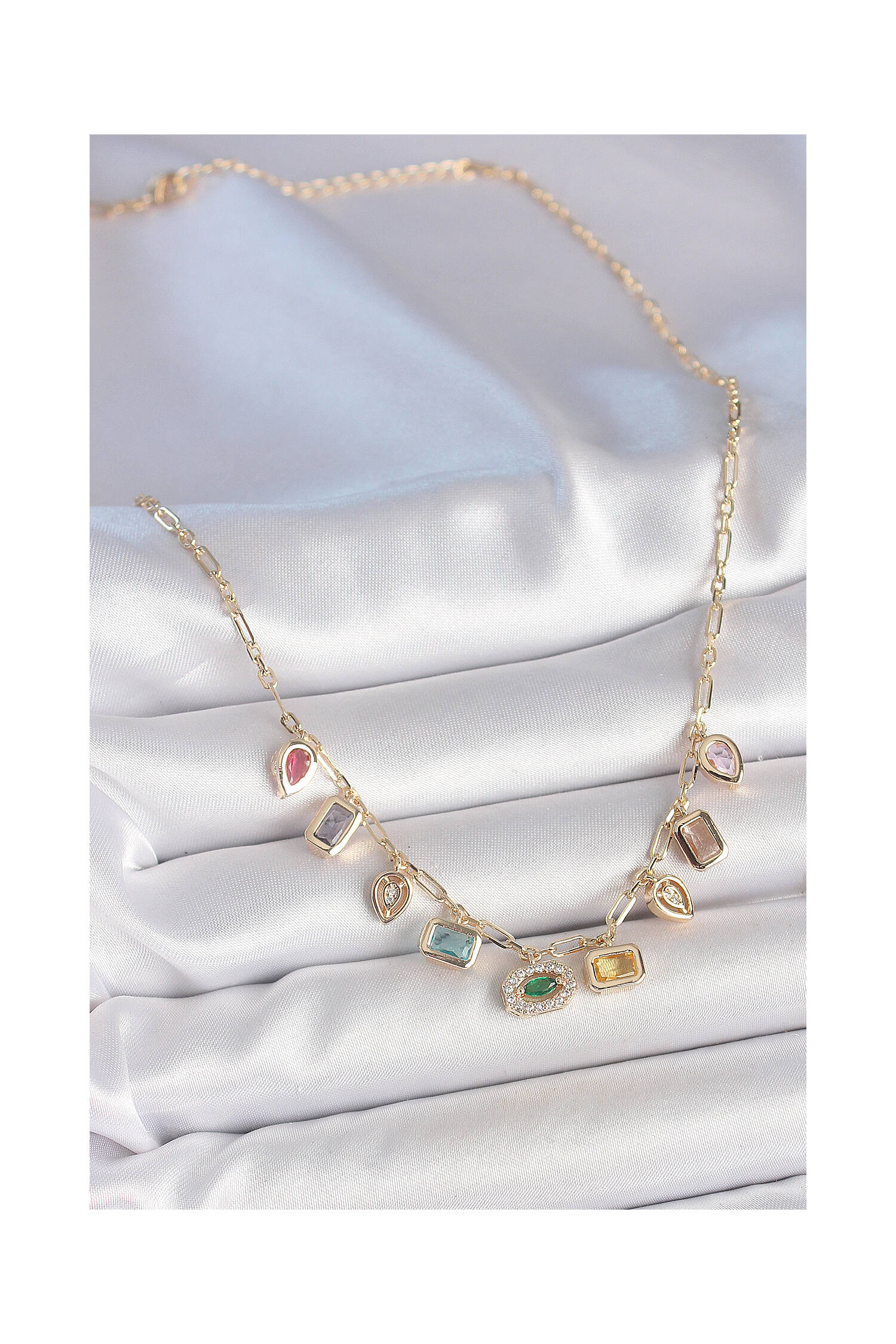 Sequential Mixed Color Zircon Stone Gold Brass Necklace - Brand: Ebijuteri - Women's Clothing Wholesale - Globality Store