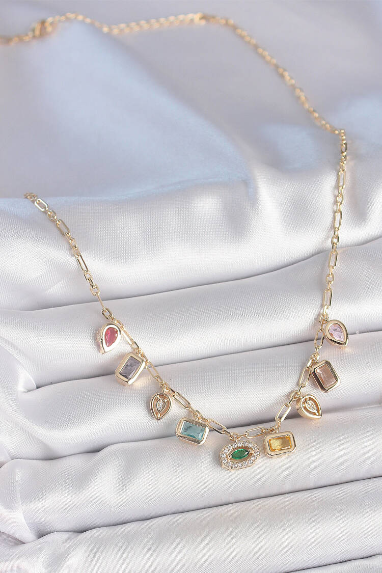 Sequential Mixed Color Zircon Stone Gold Brass Necklace