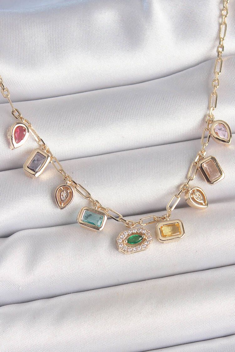 Sequential Mixed Color Zircon Stone Gold Brass Necklace - Brand: Ebijuteri - Women's Clothing Wholesale - Globality Store