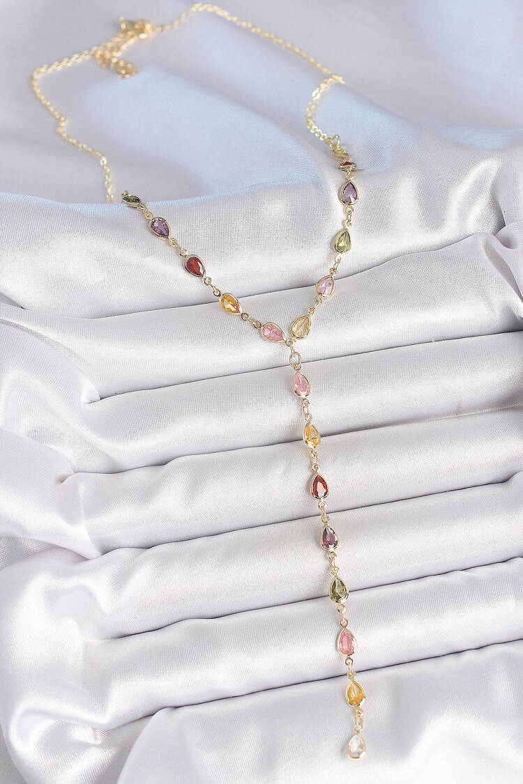 Gold Mixed Color Zircon Stone Y Brass Necklace