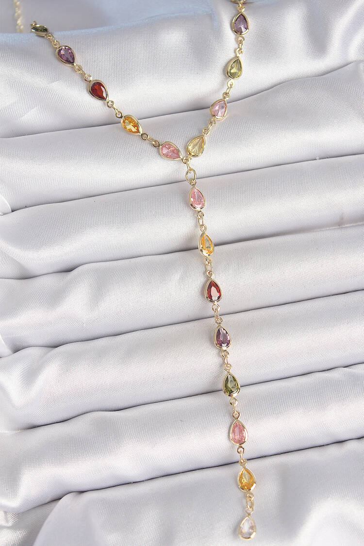 Gold Mixed Color Zircon Stone Y Brass Necklace - Brand: Ebijuteri - Women's Clothing Wholesale - Globality Store