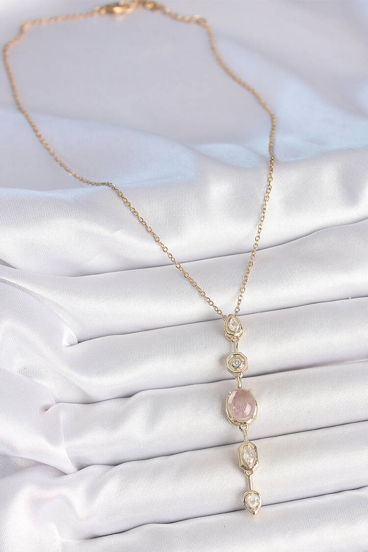 316l Steel Chain Gold Color Pink Zircon Stone Y Necklace