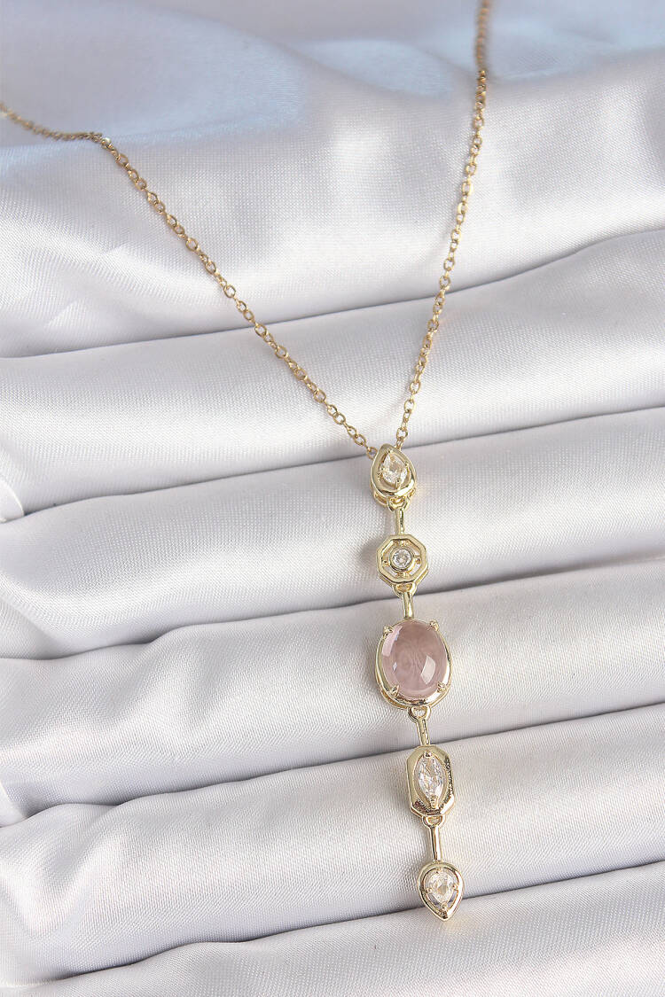 316l Steel Chain Gold Color Pink Zircon Stone Y Necklace - Brand: Ebijuteri - Women's Clothing Wholesale - Globality Store
