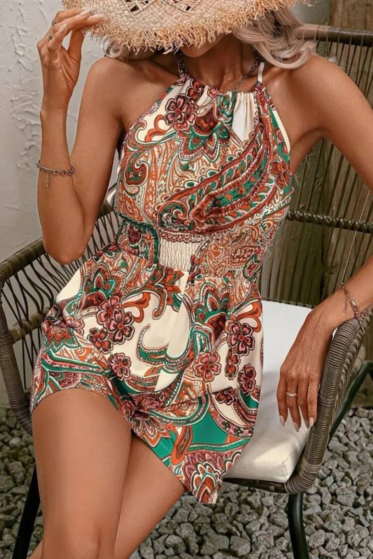Women's Off Shoulders Open Neck Tie Waist Elastic Pattern Short Jumpsuit - Yellow - Brand: Janes - Women's Clothing Wholesale - Globality Store