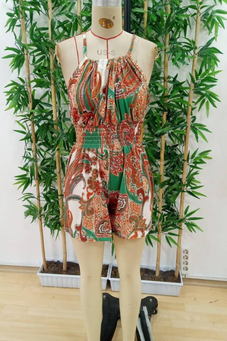 Women's Off Shoulders Open Neck Tie Waist Elastic Pattern Short Jumpsuit - Yellow