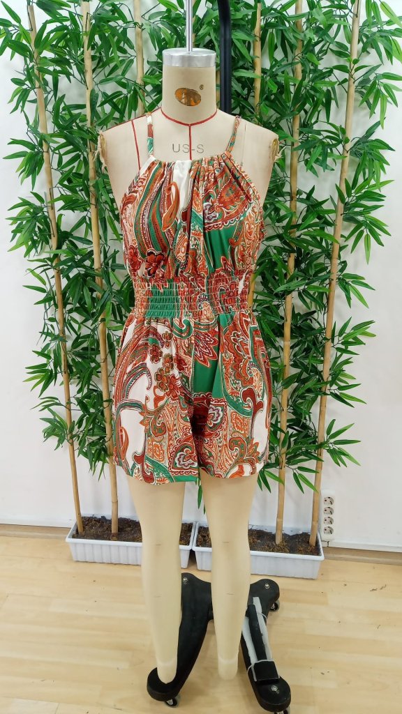 Women's Off Shoulders Open Neck Tie Waist Elastic Pattern Short Jumpsuit - Yellow