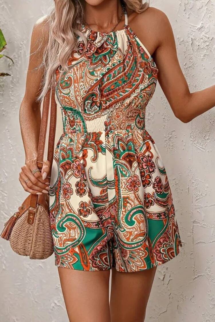 Women's Off Shoulders Open Neck Tie Waist Elastic Pattern Short Jumpsuit - Yellow