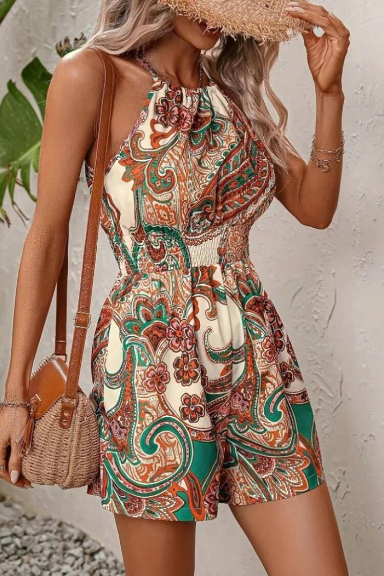 Women's Off Shoulders Open Neck Tie Waist Elastic Pattern Short Jumpsuit - Yellow