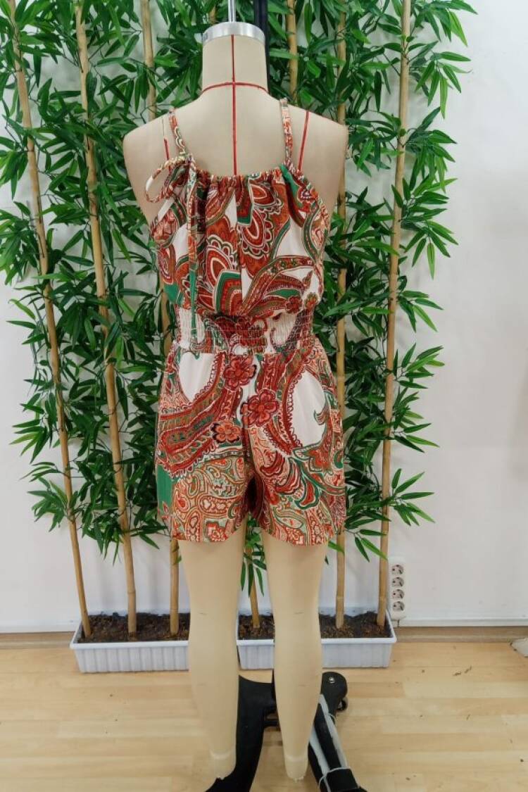Women's Off Shoulders Open Neck Tie Waist Elastic Pattern Short Jumpsuit - Yellow