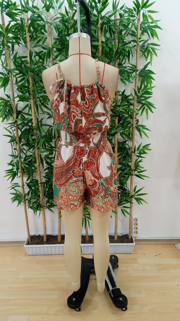 Women's Off Shoulders Open Neck Tie Waist Elastic Pattern Short Jumpsuit - Yellow