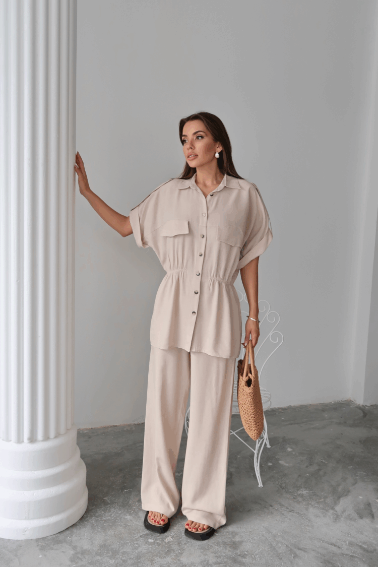 Linen Waist Ruffle Detailed Shirt - Pants Set - Brand: Ello - Women's Clothing Wholesale - Globality Store
