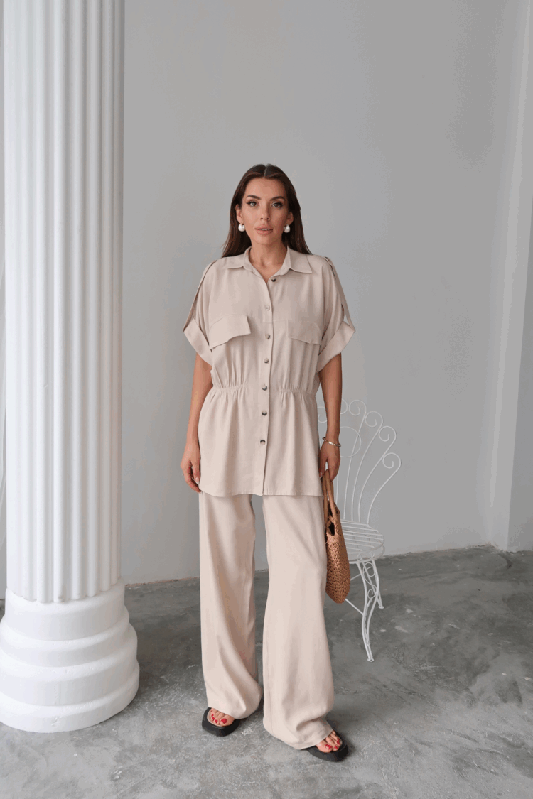 Linen Waist Ruffle Detailed Shirt - Pants Set