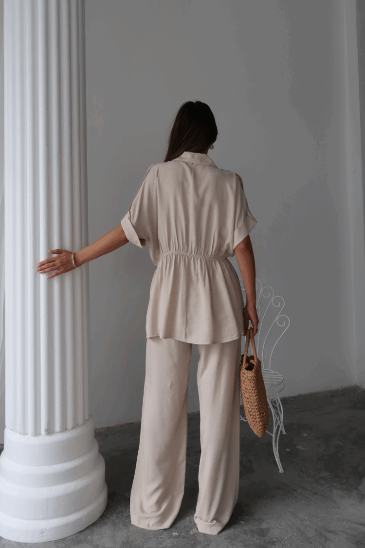 Linen Waist Ruffle Detailed Shirt - Pants Set