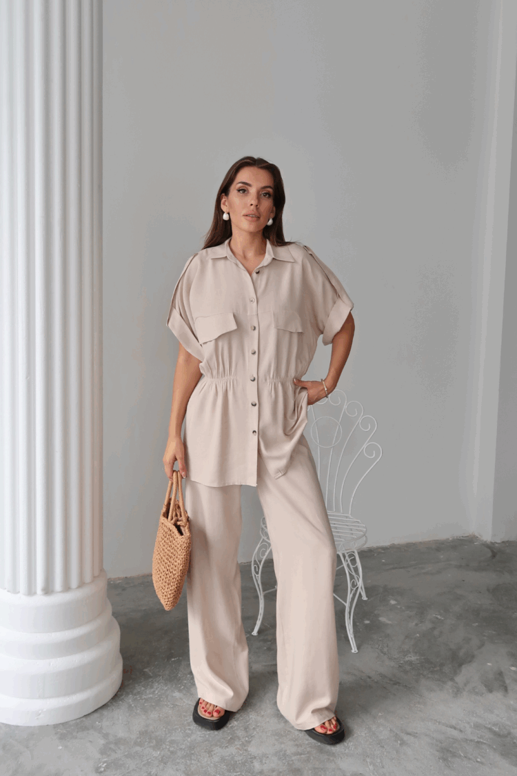 Linen Waist Ruffle Detailed Shirt - Pants Set