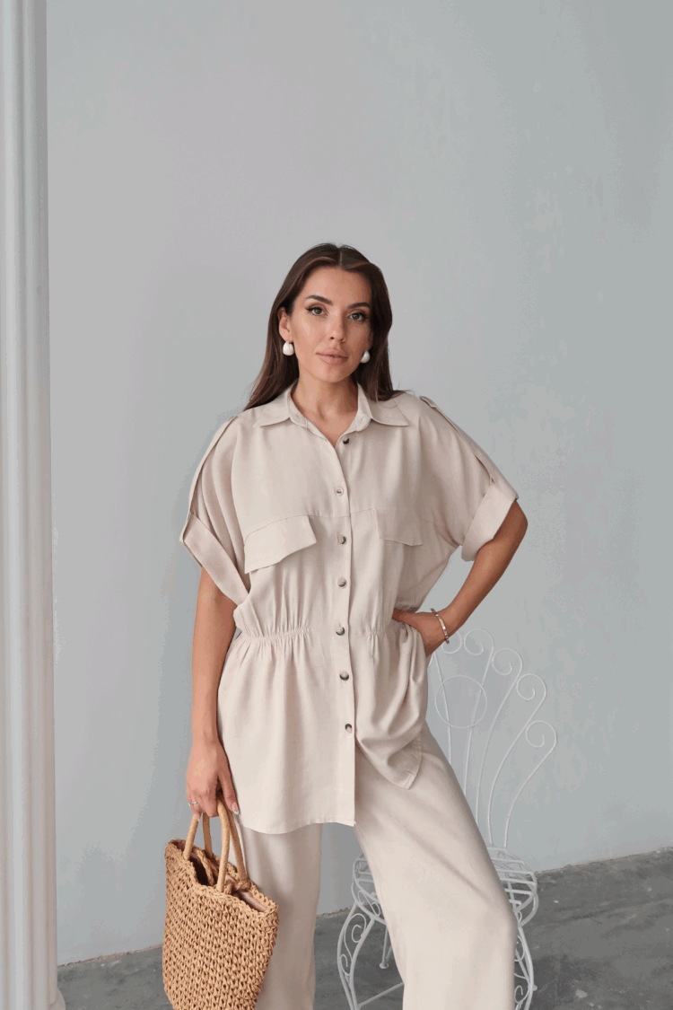 Linen Waist Ruffle Detailed Shirt - Pants Set