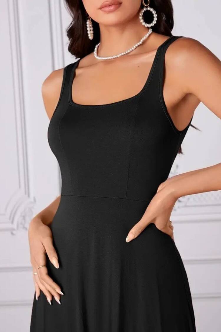 Women's Strappy Geometric Collar Wide Cut Detailed Imported Crepe Dress - Black