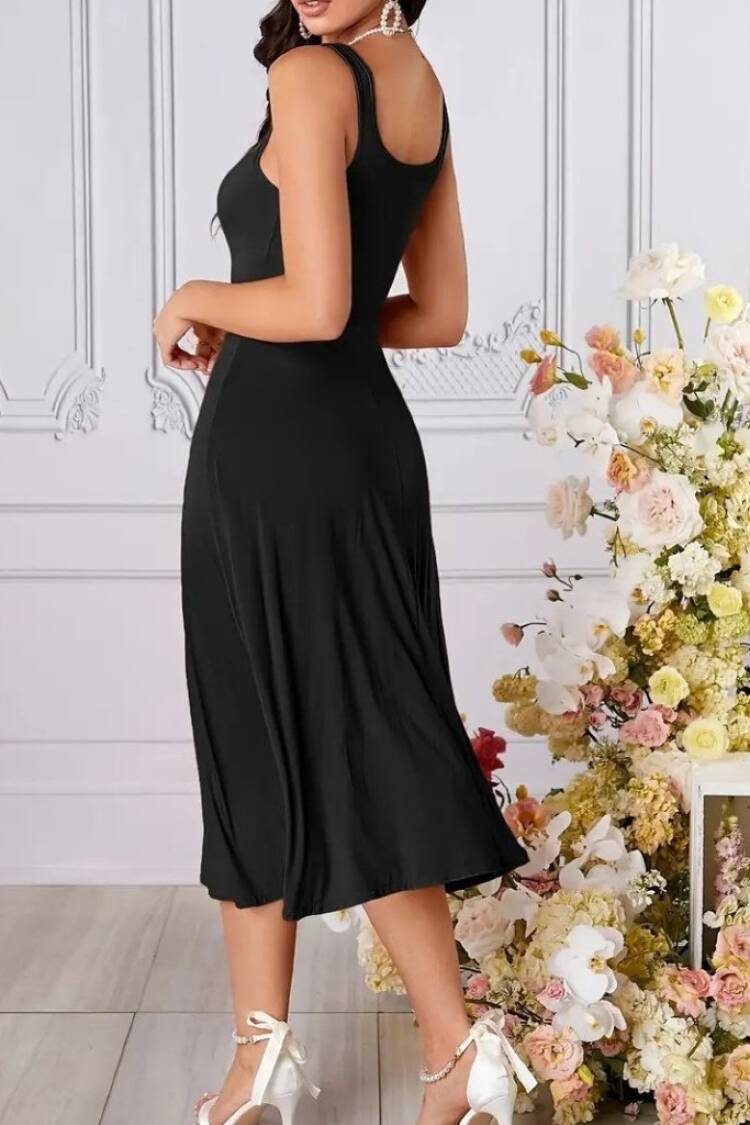Women's Strappy Geometric Collar Wide Cut Detailed Imported Crepe Dress - Black
