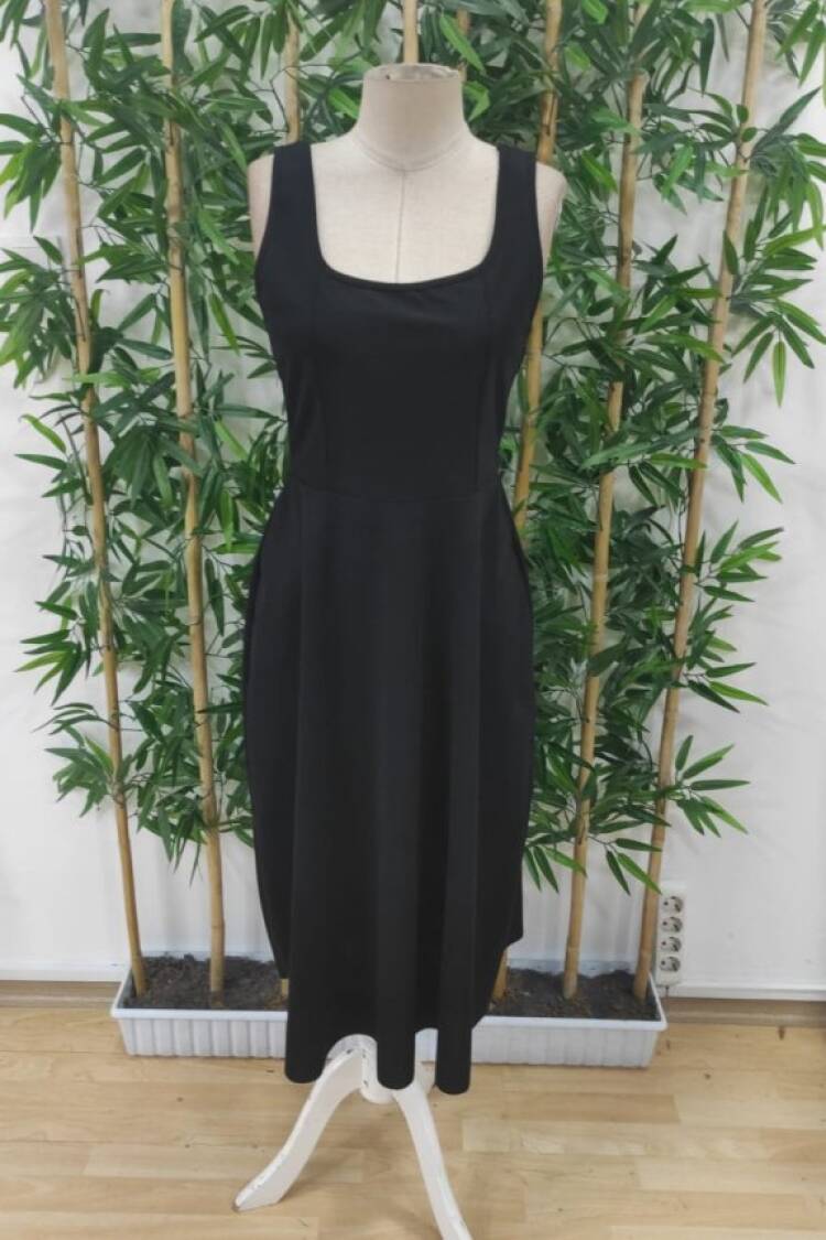Women's Strappy Geometric Collar Wide Cut Detailed Imported Crepe Dress - Black