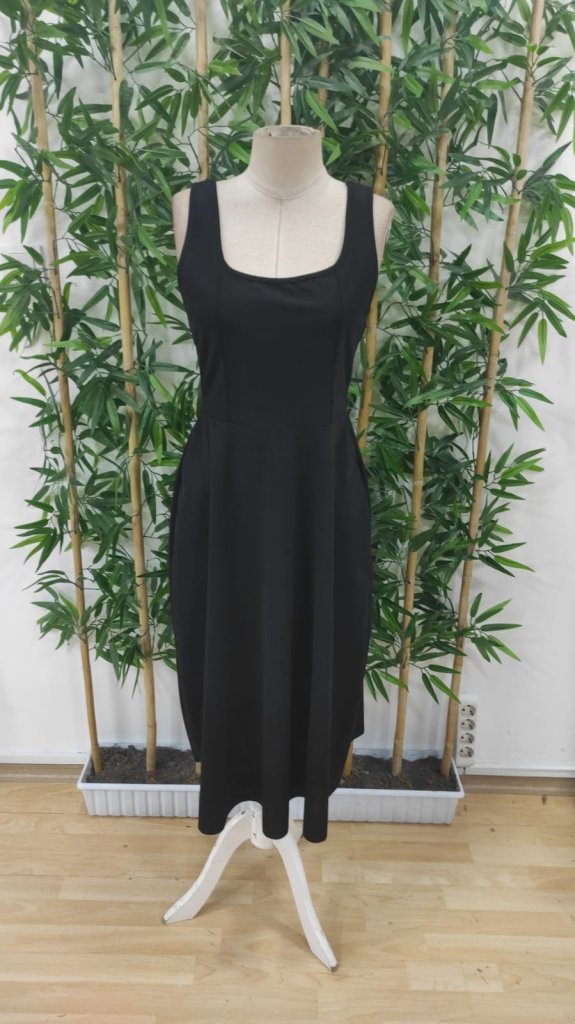 Women's Strappy Geometric Collar Wide Cut Detailed Imported Crepe Dress - Black