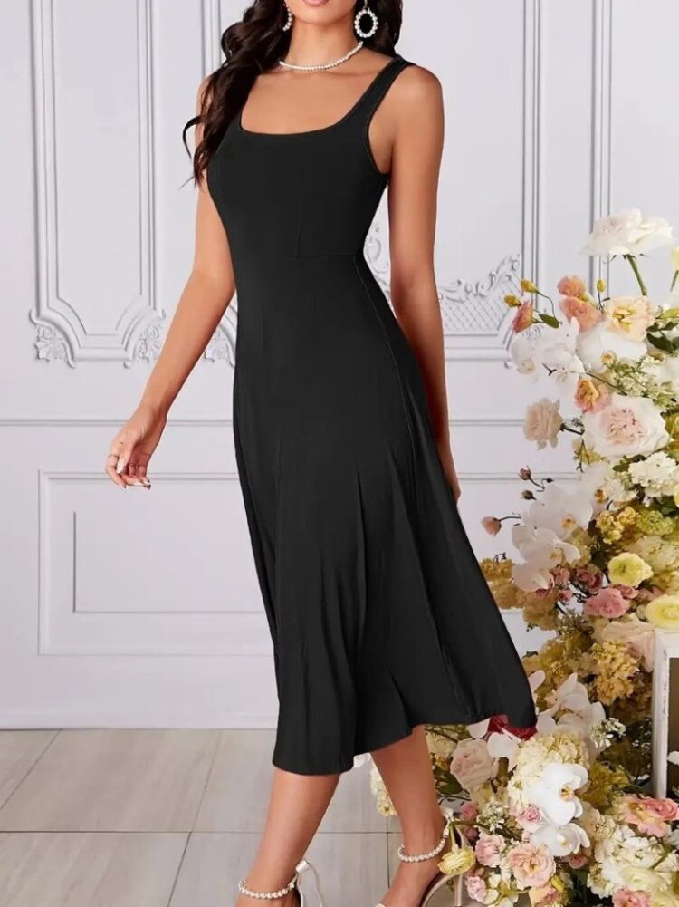 Women's Strappy Geometric Collar Wide Cut Detailed Imported Crepe Dress - Black