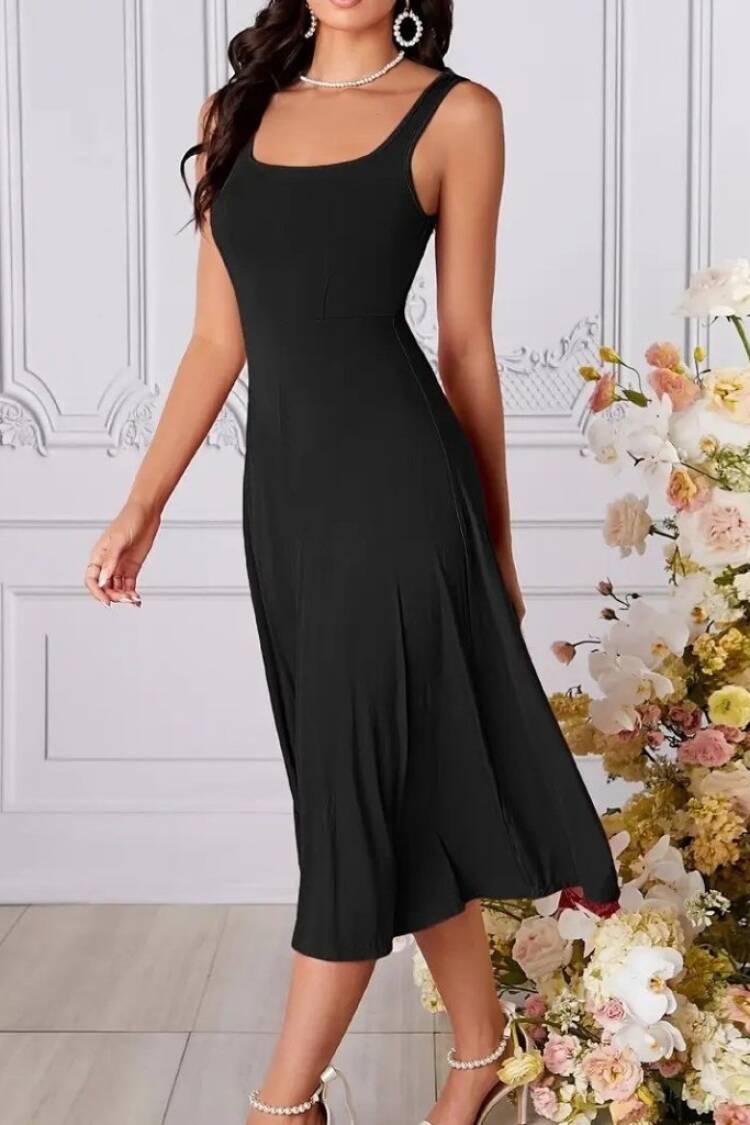 Women's Strappy Geometric Collar Wide Cut Detailed Imported Crepe Dress - Black
