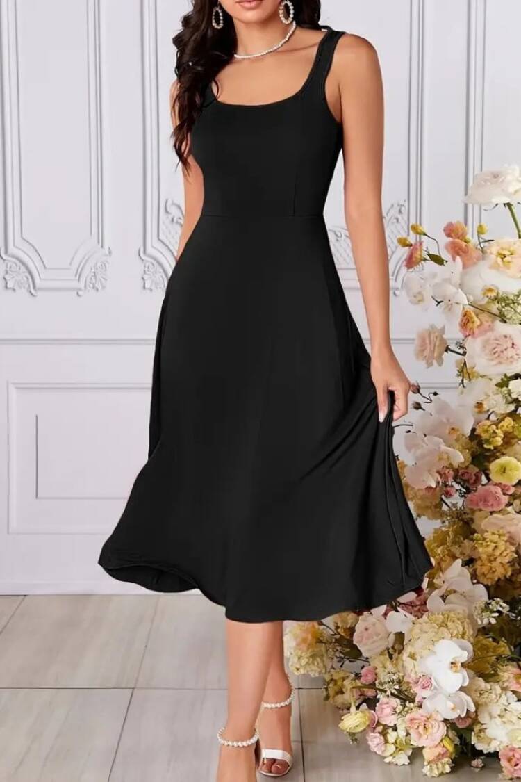 Women's Strappy Geometric Collar Wide Cut Detailed Imported Crepe Dress - Black - Brand: Janes - Women's Clothing Wholesale - Globality Store