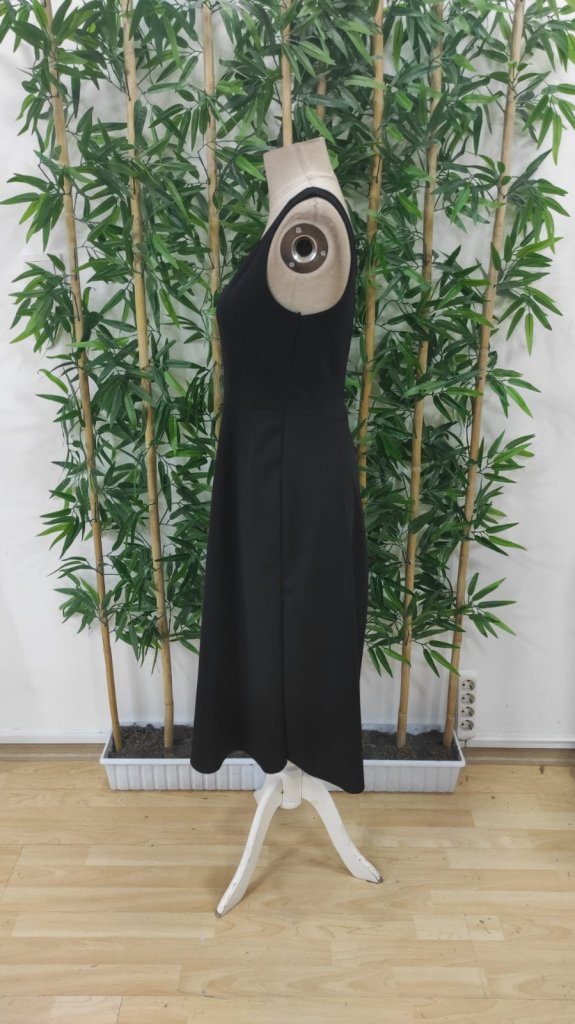Women's Strappy Geometric Collar Wide Cut Detailed Imported Crepe Dress - Black
