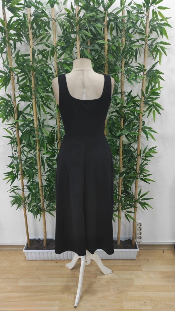 Women's Strappy Geometric Collar Wide Cut Detailed Imported Crepe Dress - Black