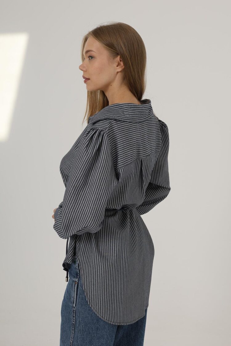 Silvery Striped Belted Shirt - Navy