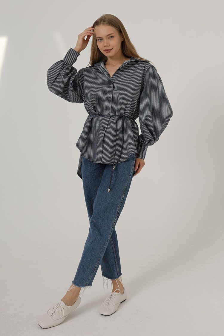 Silvery Striped Belted Shirt - Navy