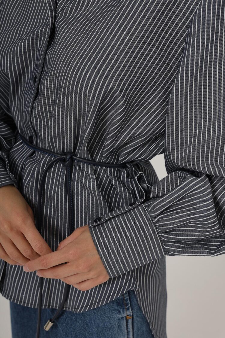 Silvery Striped Belted Shirt - Navy