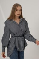 Silvery Striped Belted Shirt - Navy - Brand: Reyon - Women's Clothing Wholesale - Globality Store