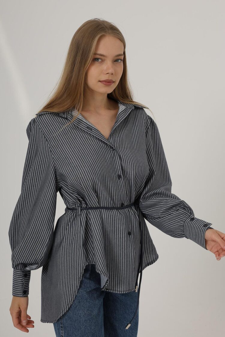 Silvery Striped Belted Shirt - Navy