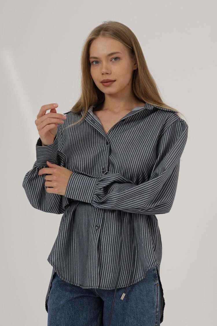 Silvery Striped Belted Shirt - Navy