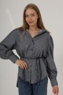 Silvery Striped Belted Shirt - Navy - Brand: Reyon - Women's Clothing Wholesale - Globality Store