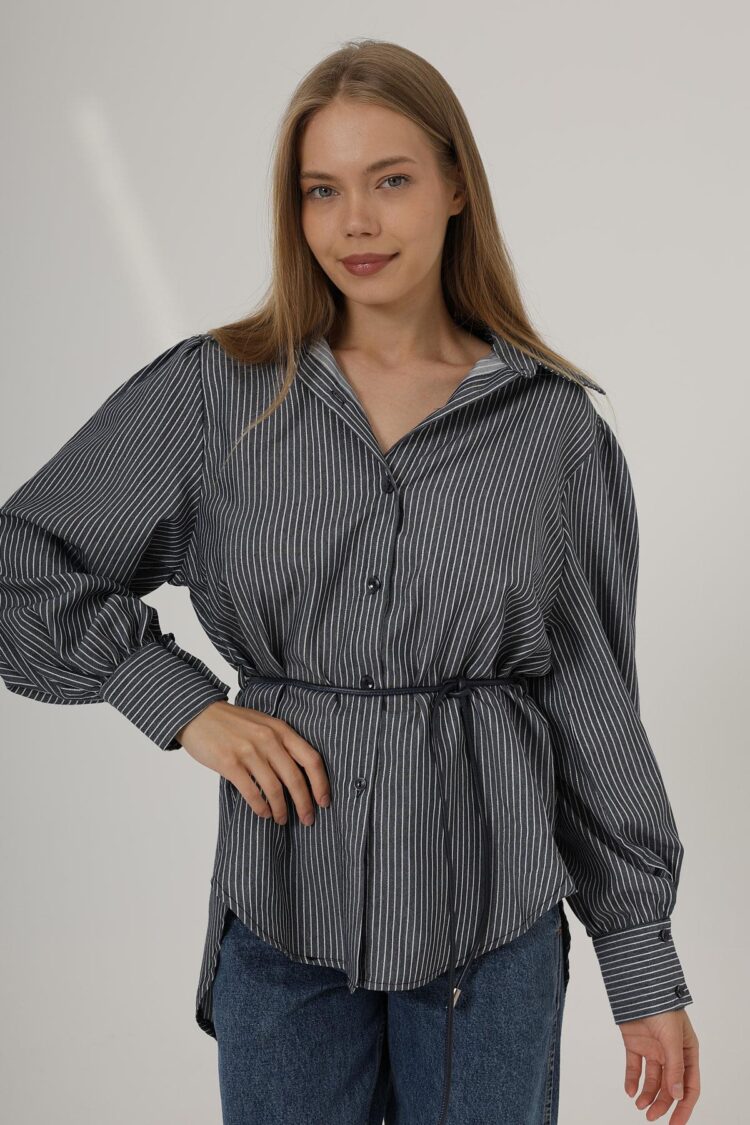 Silvery Striped Belted Shirt - Navy - Brand: Reyon - Women's Clothing Wholesale - Globality Store