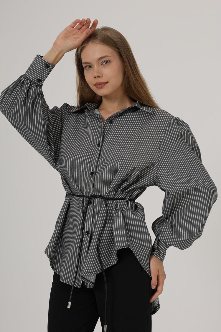 Silvery Striped Belted Shirt - Brand: Reyon - Women's Clothing Wholesale - Globality Store