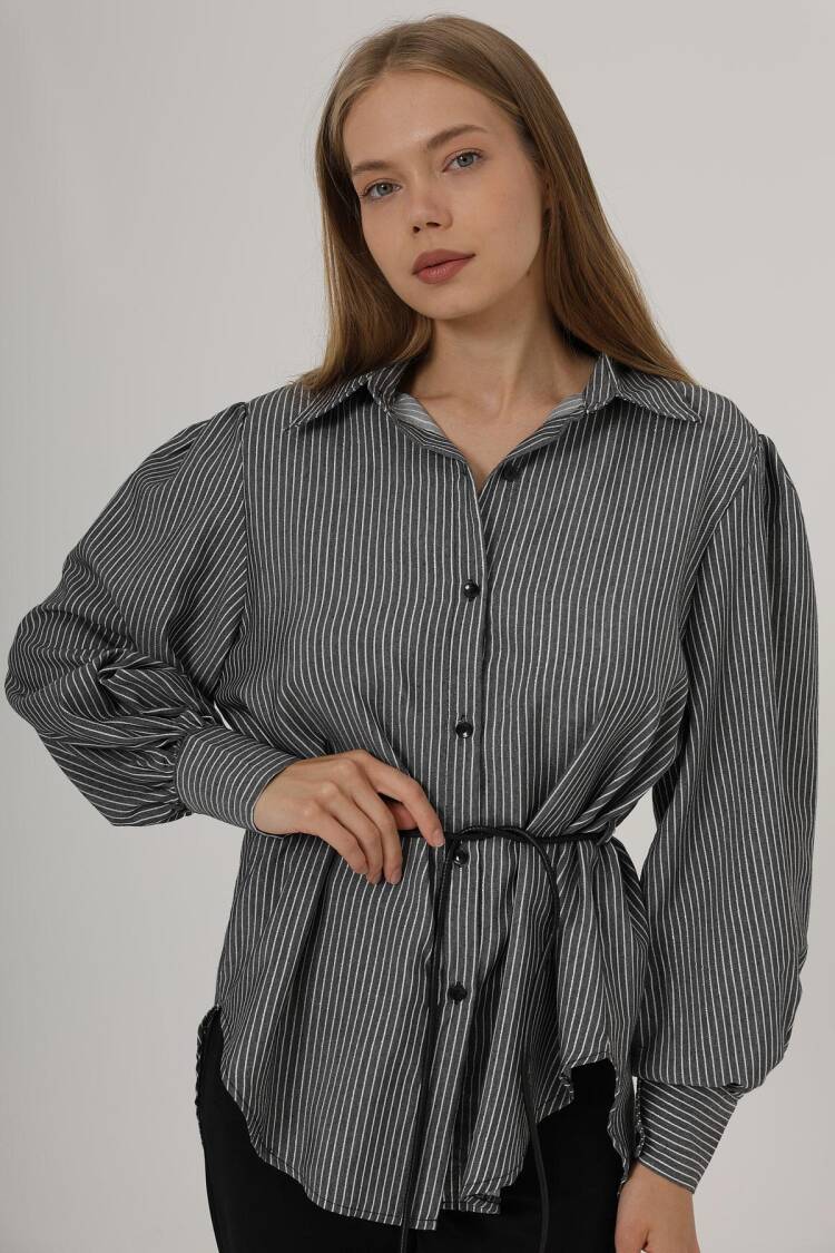 Silvery Striped Belted Shirt