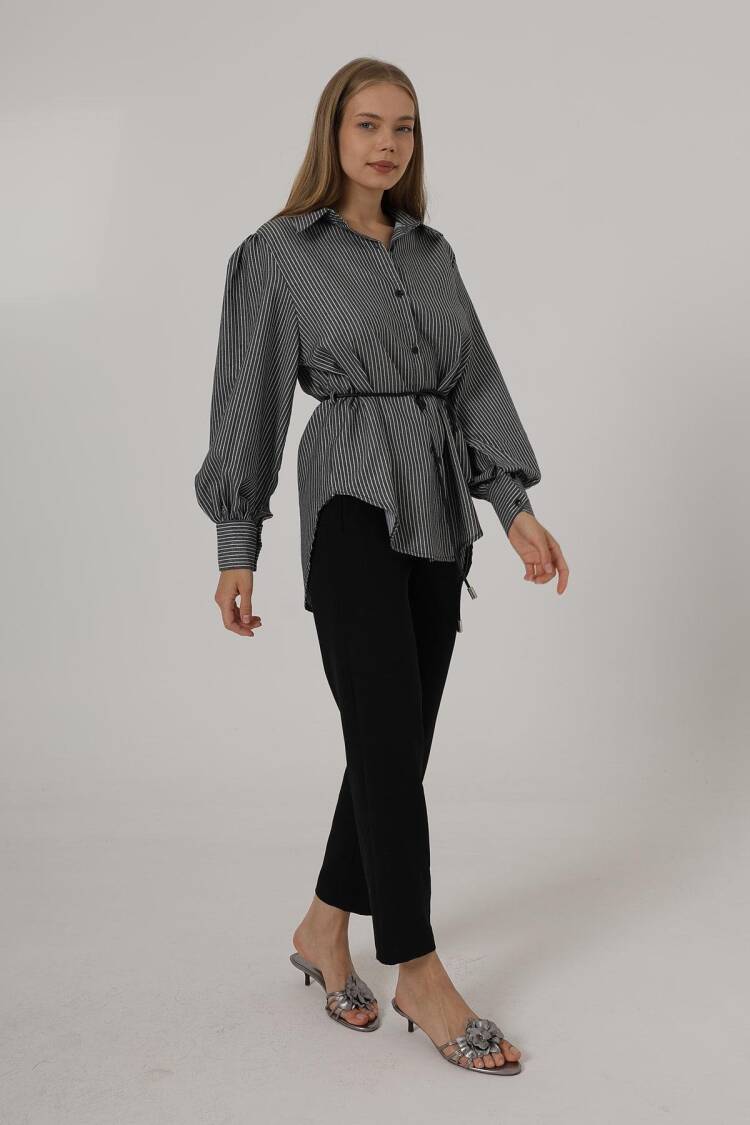 Silvery Striped Belted Shirt