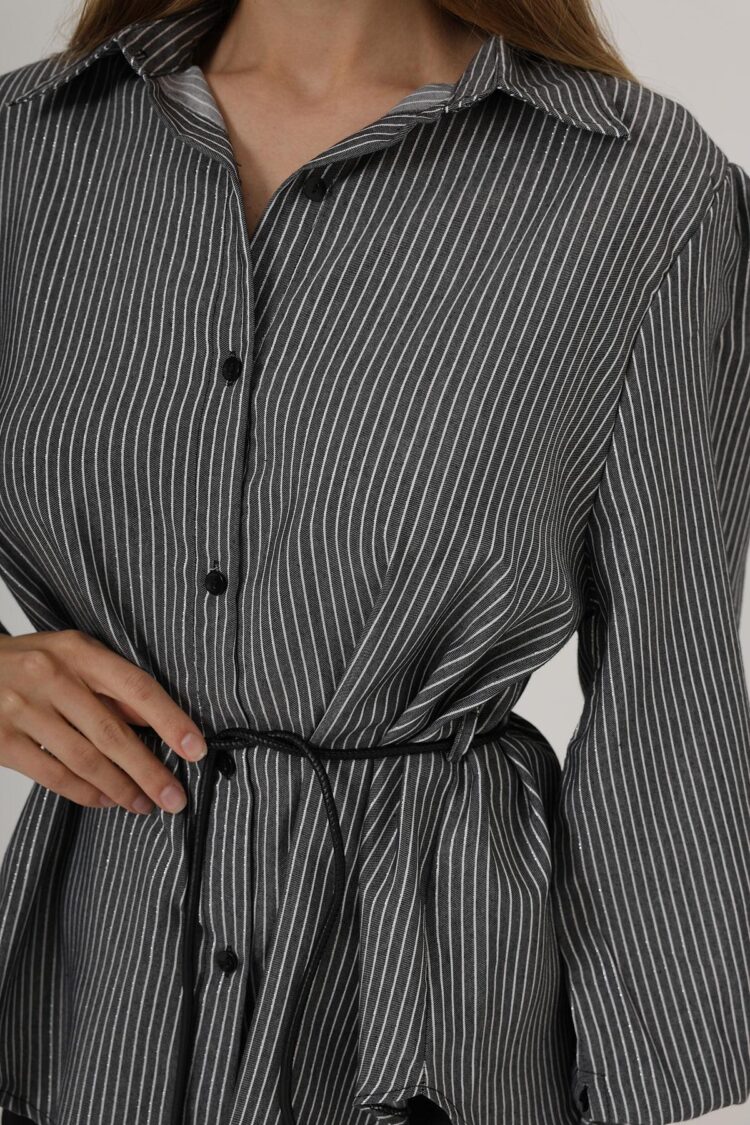 Silvery Striped Belted Shirt